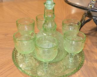 Vintage Tiara Chantilly green glass decanter set- decanter, 6 glasses and serving tray
