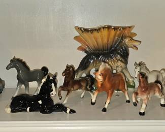porcelain miniature horse collection, horse figurines and a vintage vase featuring a German Shepherd.