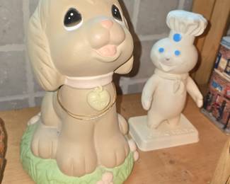 Precious Moments 9" Garden Collection Tippy the Puppy 1999 Figurine Statue, Vintage 1971 Pillsbury Poppin Fresh Doughboy Rubber 7" Figure Swivel Head and base