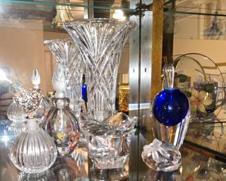 Colored glass bottles, crystal decor
