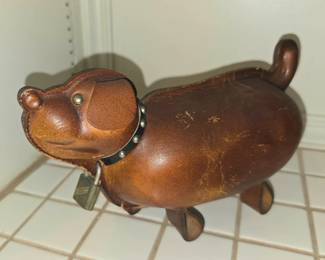 leather weenie-dog bank
