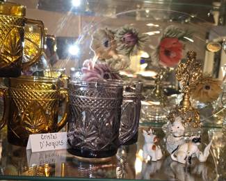 Cristal D'Arque glass coffee mugs in purple and amber