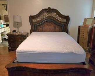 Contemporary Bedroom set includes headboard, wood bedframe, mattress & box spring, nightstand, dresser with mirror and chest of drawers
