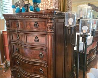 Contemporary Bedroom set includes headboard, wood bedframe, mattress & box spring, nightstand, dresser with mirror and chest of drawers