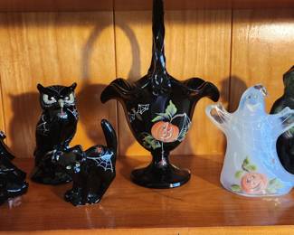 Fenton Halloween witch owl cat ghost basket tree