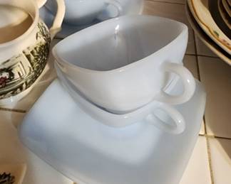 Fire King Azurite cups and saucers. light blue milk glass