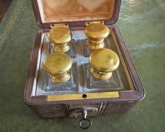 Antique leather box with 4 inkwells 4"h x 5" square