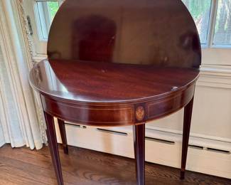 Inlaid demi-lune flip-top table 30"h x 35"w x 18"d