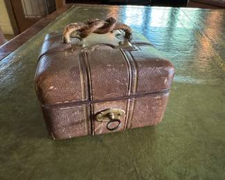 Antique leather box with 4 inkwells 4"h x 5" square