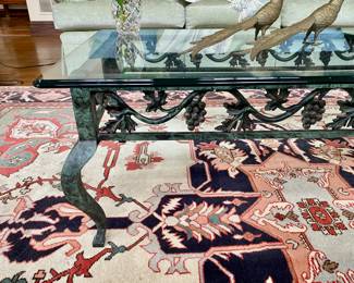 Wrought iron & glass coffee table with grape motif 16"h x 50" long x 24"w