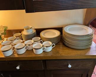 Pottery Barn Cosmopolitan China service:
12 dinner
9 salad
11 cups & saucers