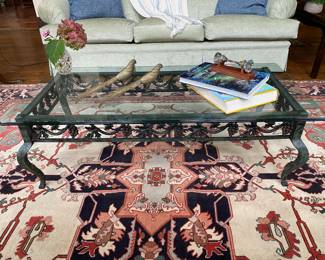 Wrought iron & glass coffee table with grape motif 16"h x 50" long x 24"w