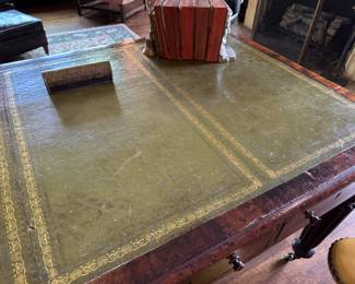 Antique English mahogany carved mahogany desk with tooled leather top 29.5"h x 53"w x 33"d