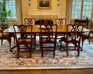 Banded mahogany dining table shown with pr. Queen Anne-style armchairs and 6 antique Chippendale dining chairs
