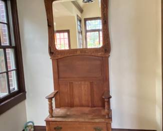 Antique oak hall tree 82"h x 32"w x 14"d