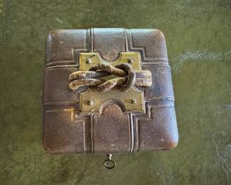 Antique leather box with 4 inkwells 4"h x 5" square