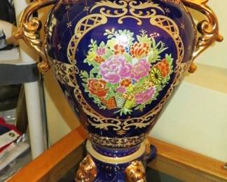 Cobalt Blue Sevres Style Urn with hand painted Flowers