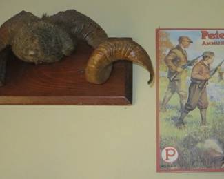 Ram Horns Mount Wall Display, Metal Peters Ammunition Sign 