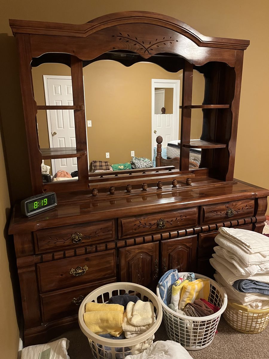 vintage oak dresser with mirror, laundry baskets, towels, hand towels, washcloths
