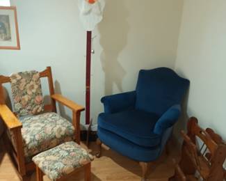Antique rocker, coat tree, magazine rack and mama bears chair