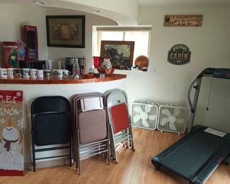 Treadmill, fans and chairs