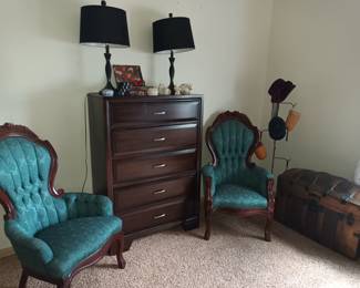 Highback victorian style chairs, antique steamer trunk and newer chest of drawers