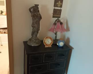 Side table with decor, glass shade lamp