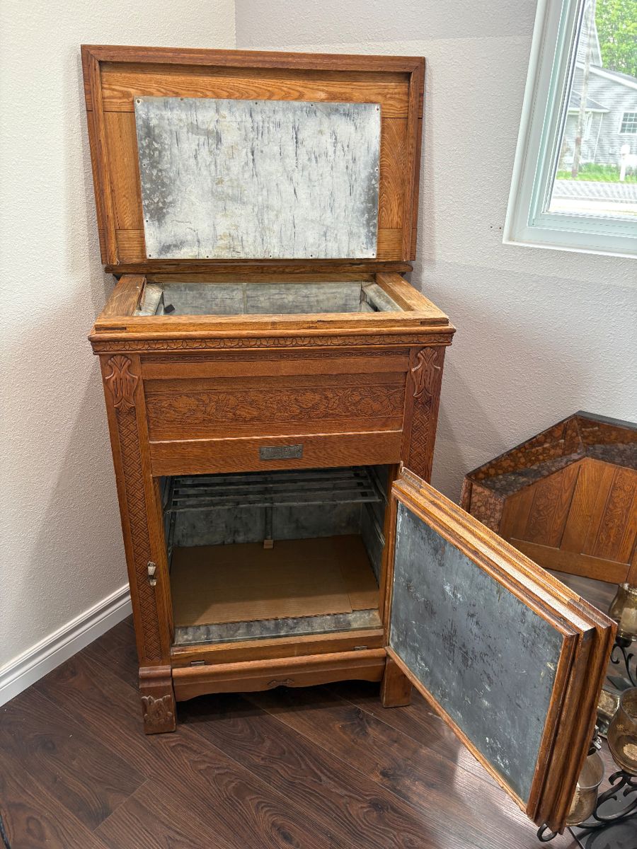 Antique Oak Wood Ice Box Refrigerator Mascot