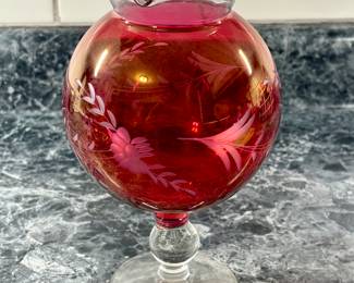 Vtg. Cranberry Glass Cut Etched Rose Bowl Pedestal Vase Scalloped Edge
