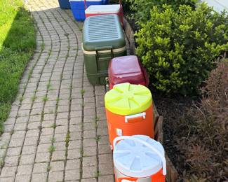 Coleman 5834 Cooler W/Pull Handle, Coleman Cooler 5286B, Vtg Green Gingham Ice Bucket,
Igloo 100 Qt Sportsman Cooler,
Coleman #5277 Cooler, Rubbermaid 1683 Gatorade Cooler, Rubbermaid Gott 1685 Cooler!