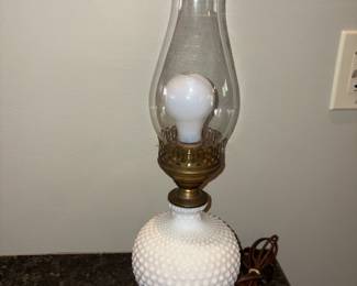 Antique Hobnail Milk Glass Lamp w/Hurricane Globe!