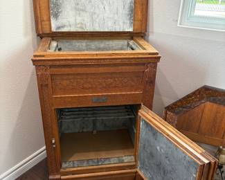 Antique Oak Wood Ice Box Refrigerator Mascot