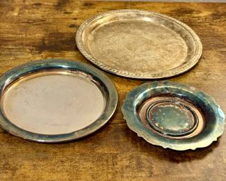 Vtg. Wallace 9106 Small Round Silverplate Tray, Vtg. Silverplate meida Small Dish, & Vtg. Godinger Silver Art Small Serving Tray Etched Design China