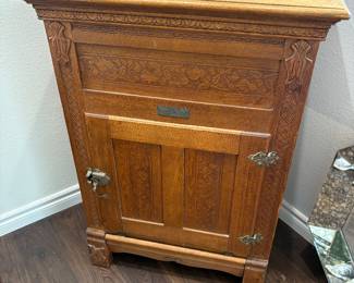 Antique Oak Wood Ice Box Refrigerator Mascot