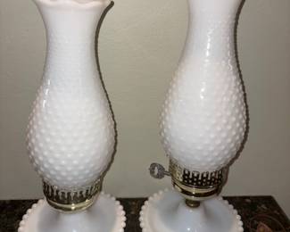 Antique MCM White Milk Glass Hobnail Hurricane Lamps!