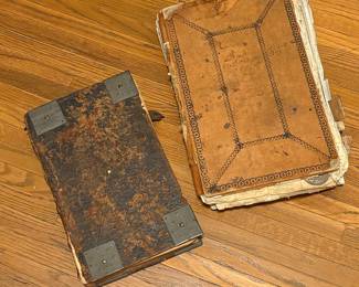Antique 1874 Gottfried Kleiner Evangelische Prediger German Victorian Holy Book Leather Binding 35th Ed. & Large Antique Leather Hardcover Ledger Book Scrapbook Loaded w/ Historical Newspaper & Magazine Clippings