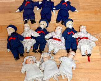 Vtg. Russ Berrie Doll Soft Body Porcelain Bisque Mini Sailor Boy & Little Girl Blue Eyes & Baby w/Gown & Cap