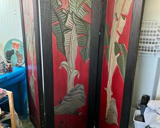 Late 20th Century Three-Panel Asian Screen With Palm Leaf Accent Red. Design is on both sides