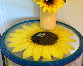 Sunflower Glass Top Table & Bauer Pottery Vase