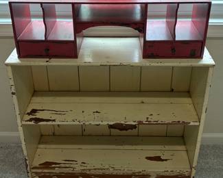 Shabby Chic Vintage Small Bookshelf & Red Desk Topper Organizer Cubby Drawers