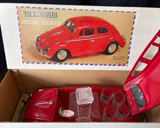 Vintage Volkswagen VW Bug Beetle Musical Decanter (16”) Original Box, includes Decanter & 4 Glasses