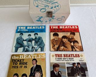 The Beatles 45’s with Picture Sleeves / 7” Vintage Vinyl Records • 45 Record Carry Case