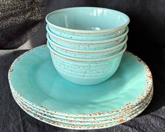 TOMMY BAHAMA Aqua Turquoise Tuscan Bowls Rustic Crackle MELAMINE Set of 8 w/ Plates