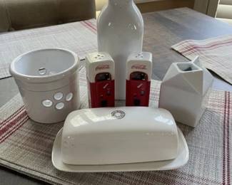 Table Decor. White mild bottle, creamer, utensil holder, butter dish, Coca-Cola Salt & Pepper shaker set, Placemats
