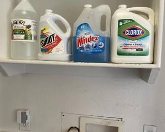 Cleaning Supplies. Full Bottle of Clorox behind first bottle. Others are not full but have a generous supply.