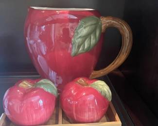 Apple Pitcher w/ apple salt/pepper shakers & tray set.