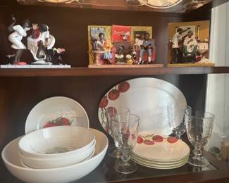 2 sets of fun serving dishes. Pasta Bowl with 4 individual smaller bowls (vegetable design); Tomato design Platter and 4 separate smaller plates. Goblet Stemware.
