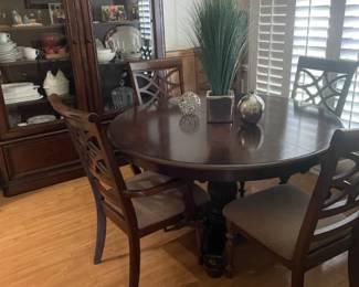 Formal Dining Table 66 x 53" with 12" leaf; 6 Chairs (2 arm; 4 side)