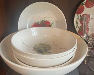 Close up pics of pasta bowl w/ vegetable motif smaller bowls.