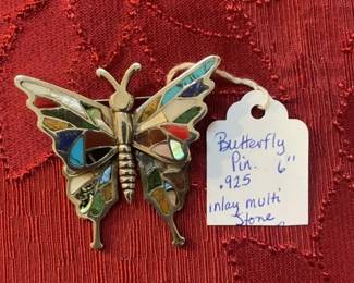Sterling Butterfly Pin - 6". Inlay multi stones